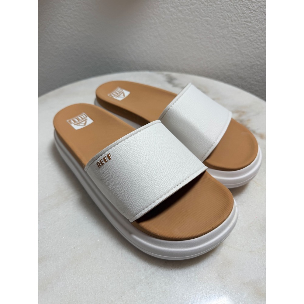 Reef Cushion Bondi Bay White Tan Platform Slide Sandals Womens 9
